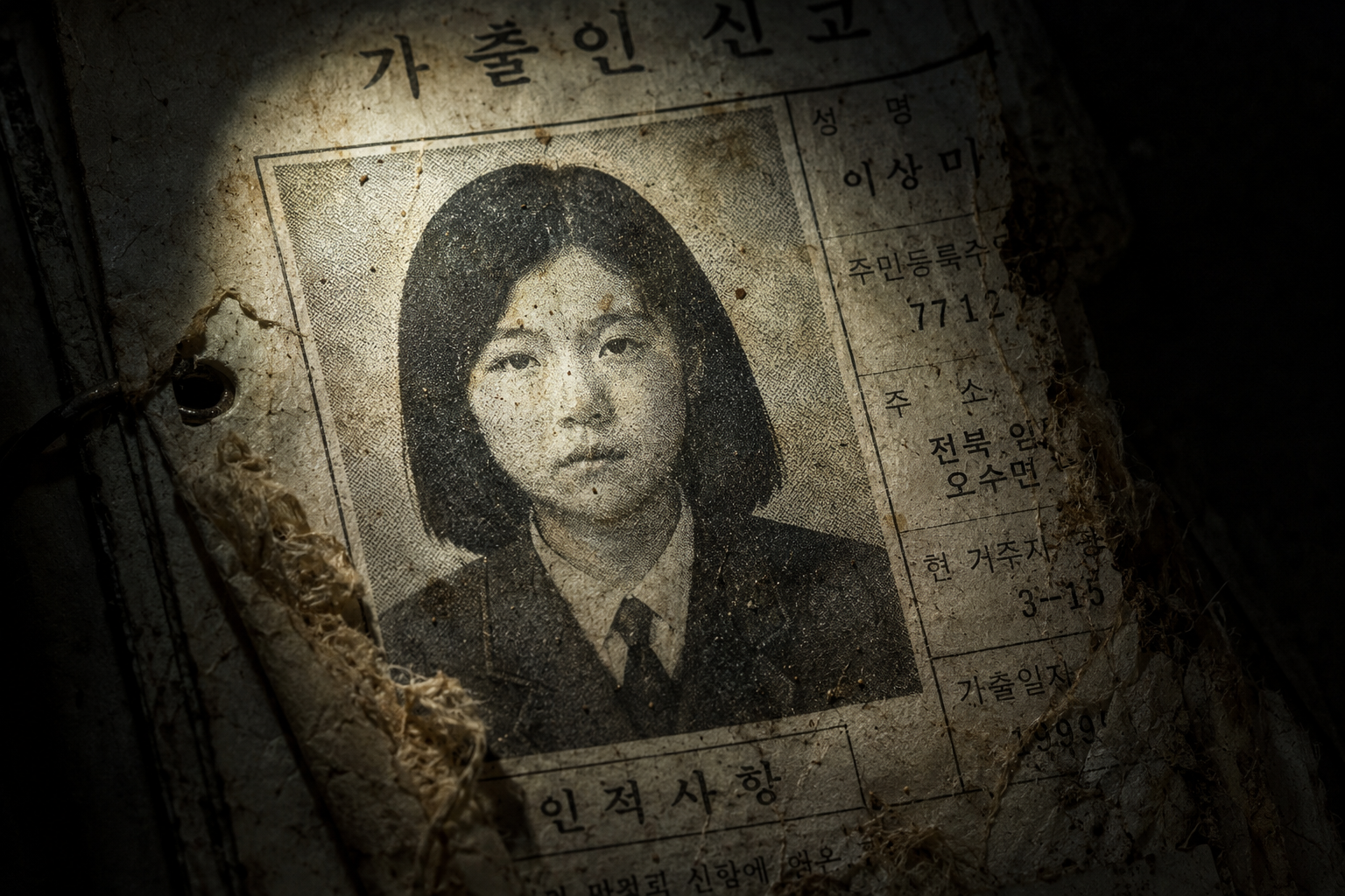 Macro close-up of a decaying, vintage missing person flyer showing a grainy photo under a flashlight beam.
