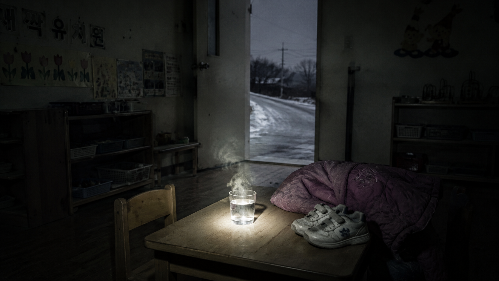 An empty 1999 Korean classroom with an abandoned child's coat and a cup of water, captured with forensic flashlight lighting.