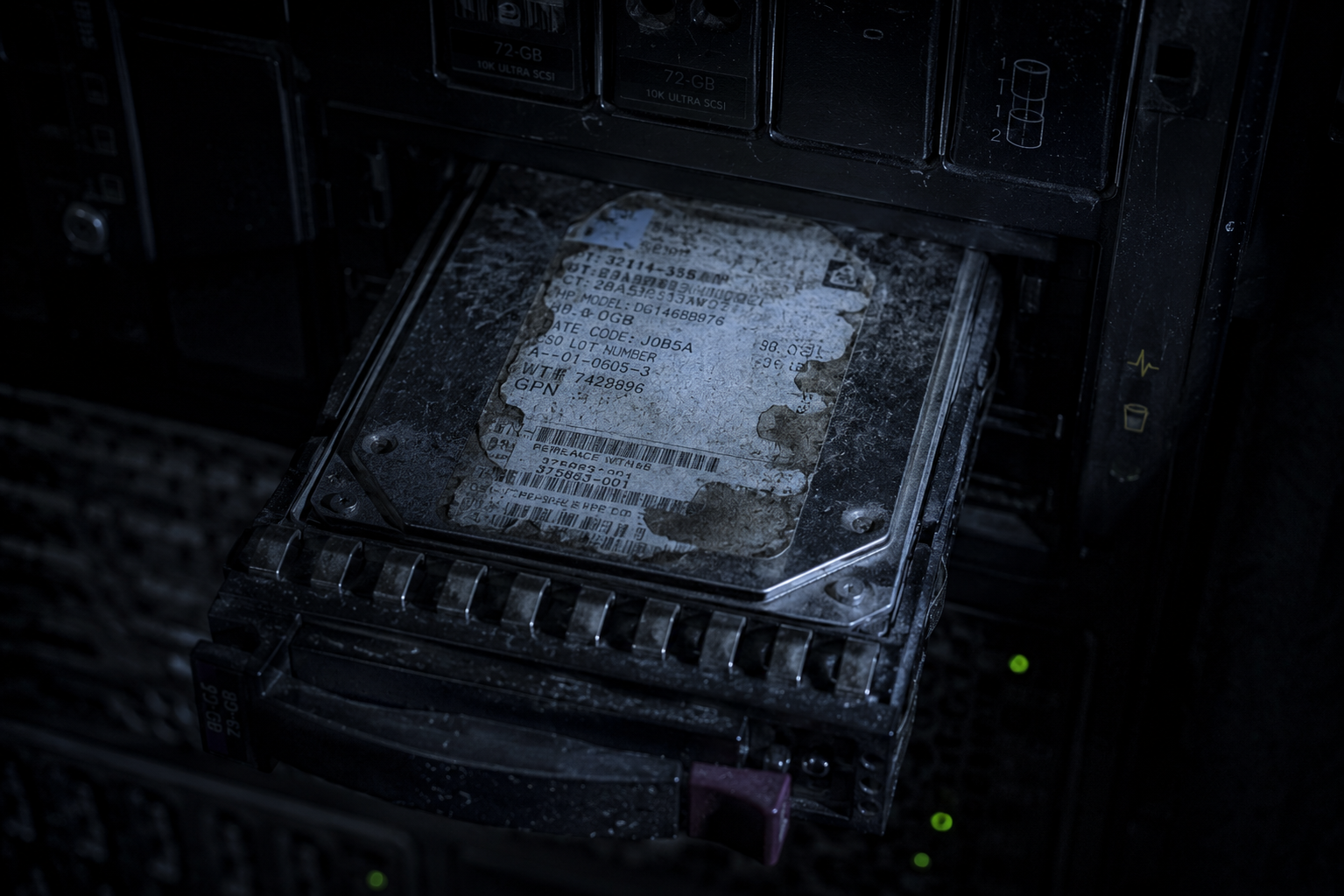 A macro close-up photograph of a dusty server hard drive tray with a faded label, lit by a sharp flashlight beam in a dark archive.