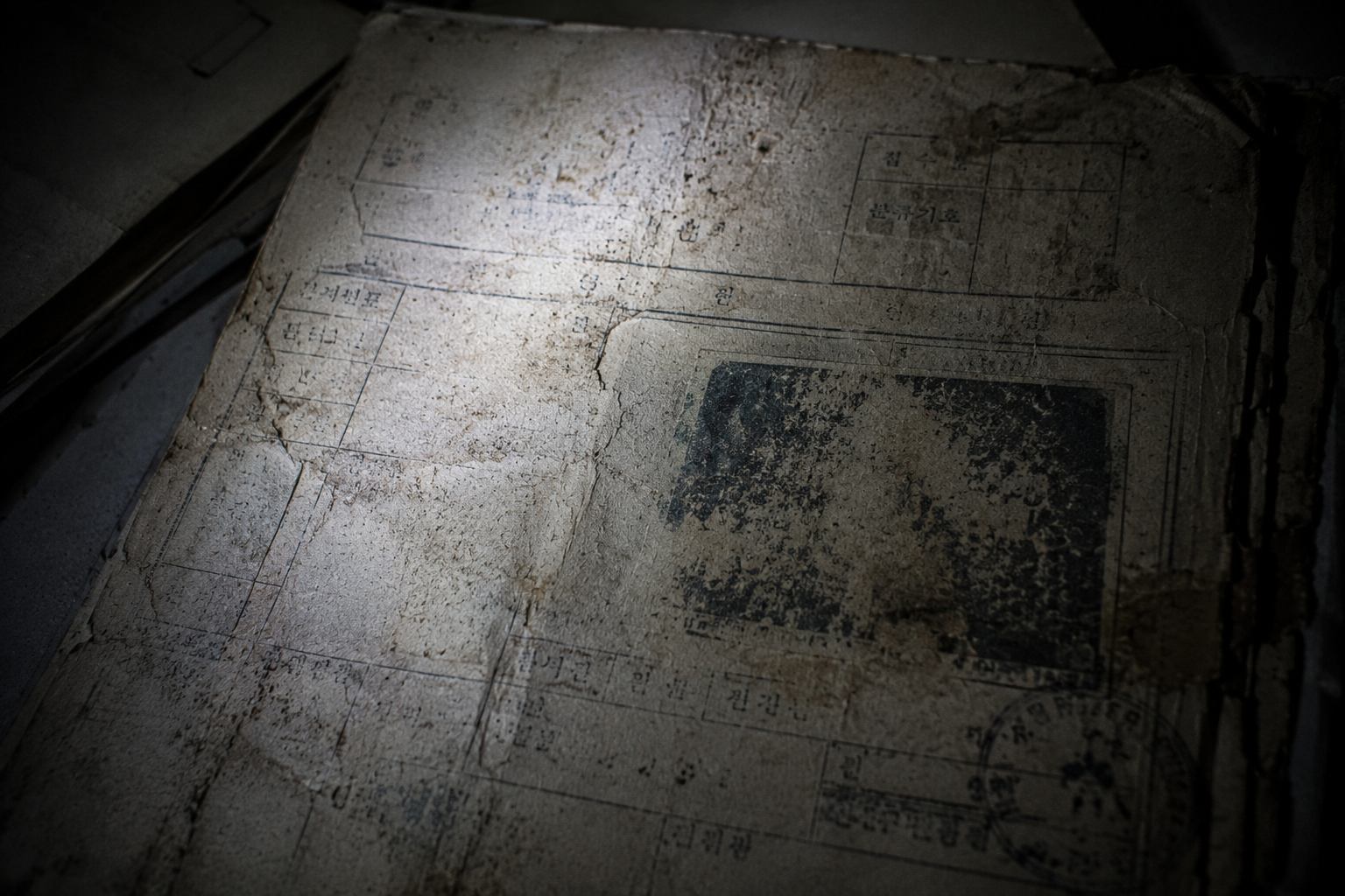 A macro close-up of a faded, yellowed 1999 missing child flyer illuminated by flashlight in a dark forensic archive.