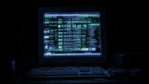 A glowing CRT monitor in a dark room displaying a corrupted early 2010s Korean web portal news comment section with digital distortion.