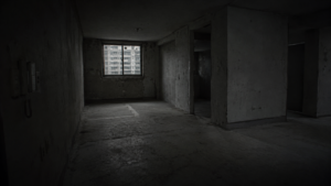 A vacant, stripped-bare room inside an empty 1990s Korean apartment, depicting an atmospheric cold case scene.