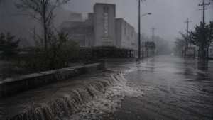 Cold forensic landscape photography of a flooded rural road in South Korea with the brutalist Boryeong Coal Museum obscured by heavy rain.