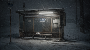 Forensic shot of an empty rural Korean bus stop covered in heavy snow with a pair of abandoned white sneakers during a blizzard.