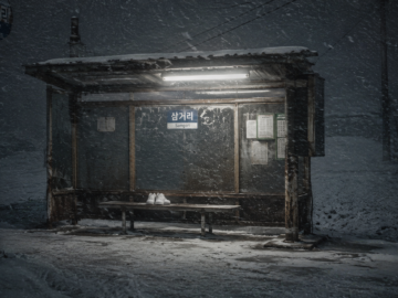 The Oryong-ri Whiteout Paradox: Forensic Erasure, Meteorological Silence, and the 2001 Damyang T-Shirt Disappearance Forensic shot of an empty rural Korean bus stop covered in heavy snow with a pair of abandoned white sneakers during a blizzard.