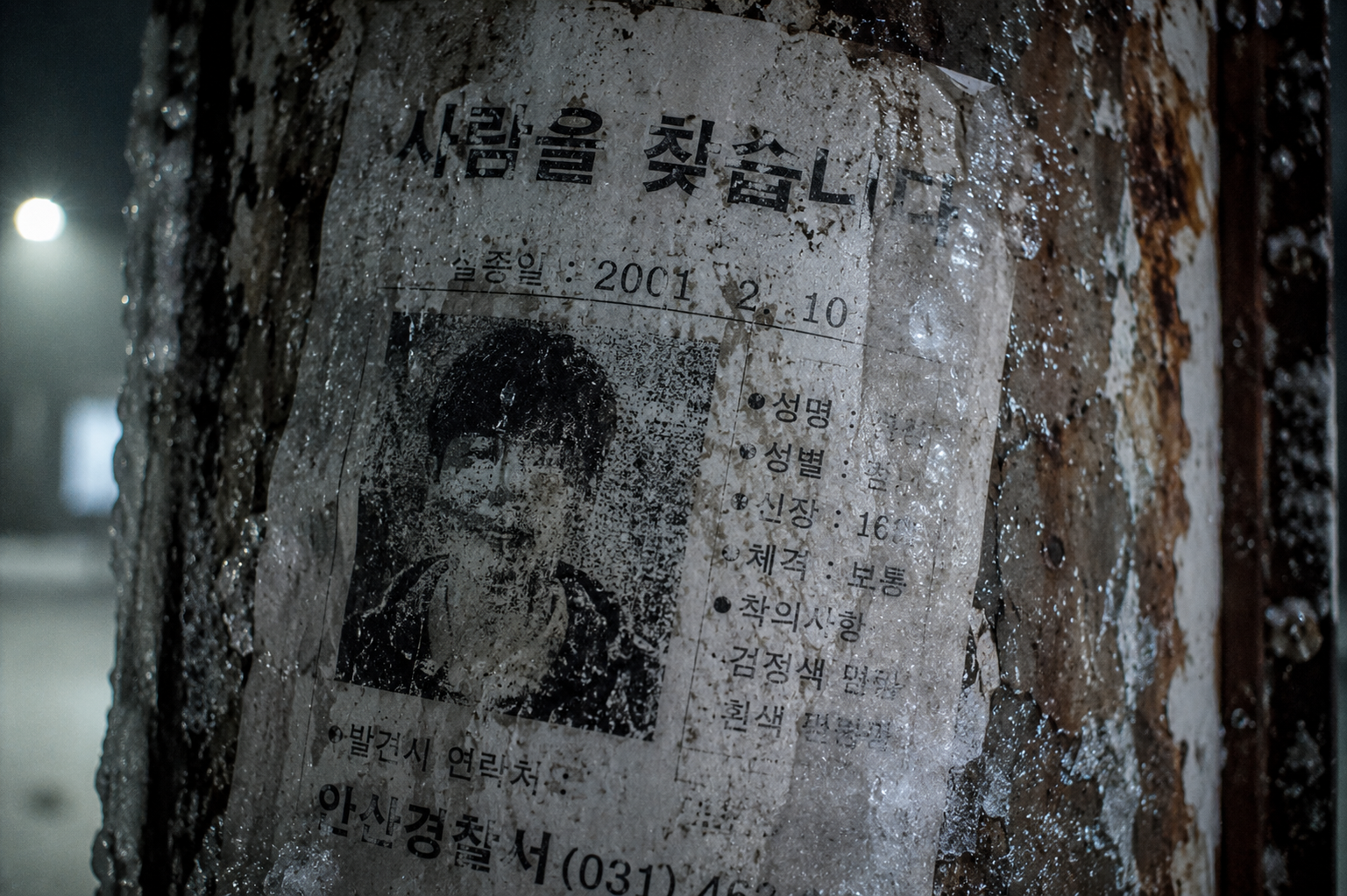 Macro close-up of a degraded, water-damaged missing person flyer from 2001 frozen onto a rusted metal pole in winter.
