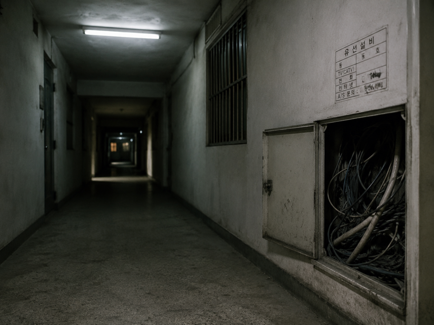 Digital Decay: Why South Korea’s “Broadband Wonderland” Was Born on a Lie Flashlight exposure photo of an apartment hallway utility box exposing thick copper coaxial network cables hidden in the concrete wall.