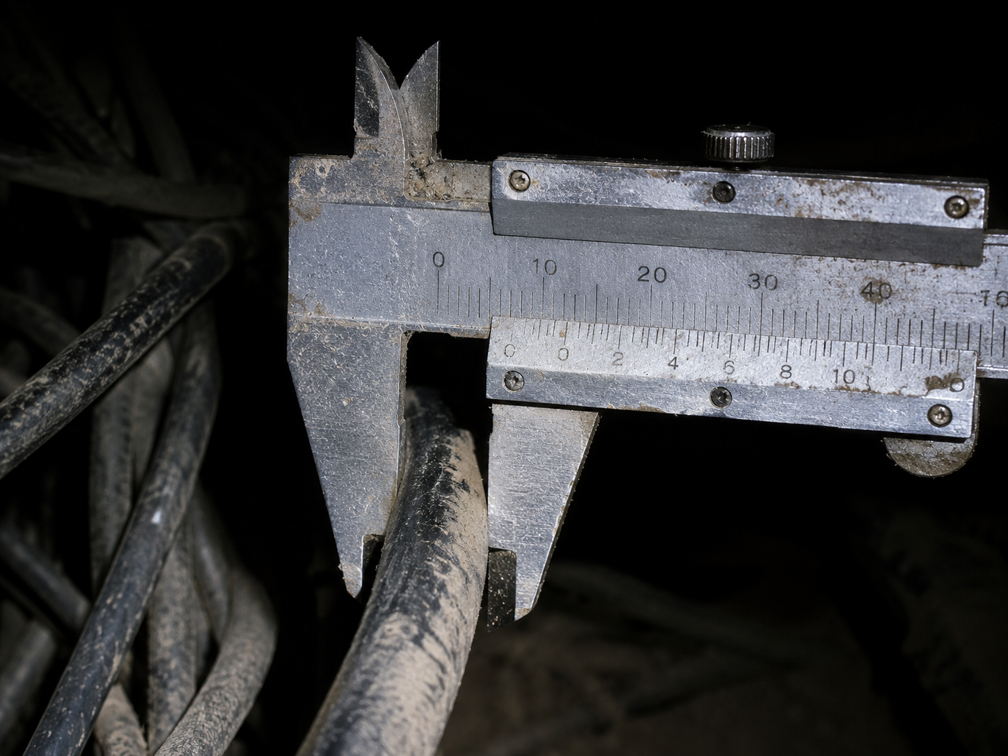 Forensic detail shot of hand calipers measuring the physical millimeter thickness of a legacy copper internet cable inside a dark utility closet.