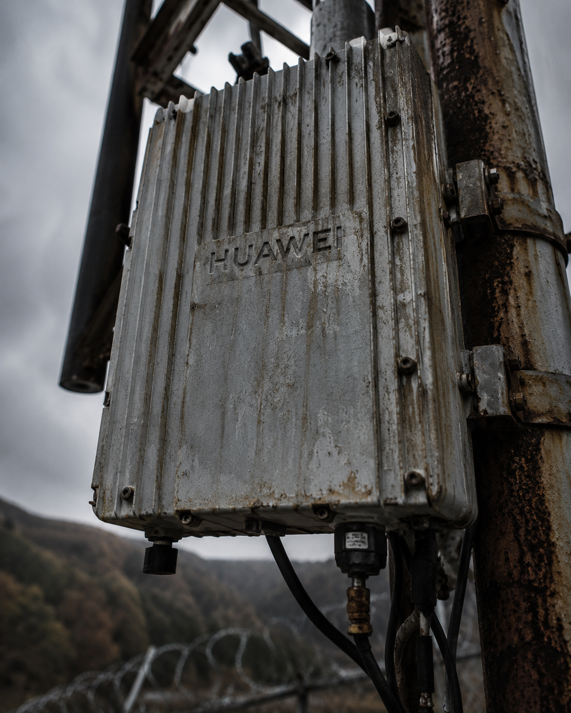 Forensic close-up of industrial manufacturer branding stamped onto a weathered outdoor network transceiver node.
