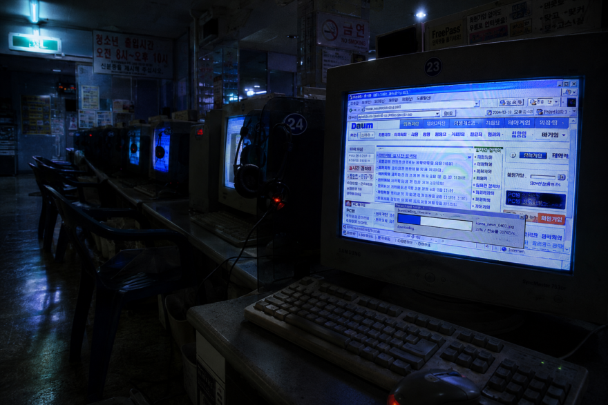 The God of the Korean Darknet: The Anonymous Uploader Who Controlled 70% of a Nation’s Forbidden Media A vacant, dimly lit mid-2000s Korean internet cafe with old CRT monitors glowing in a dark room, capturing an eerie early net archive atmosphere.