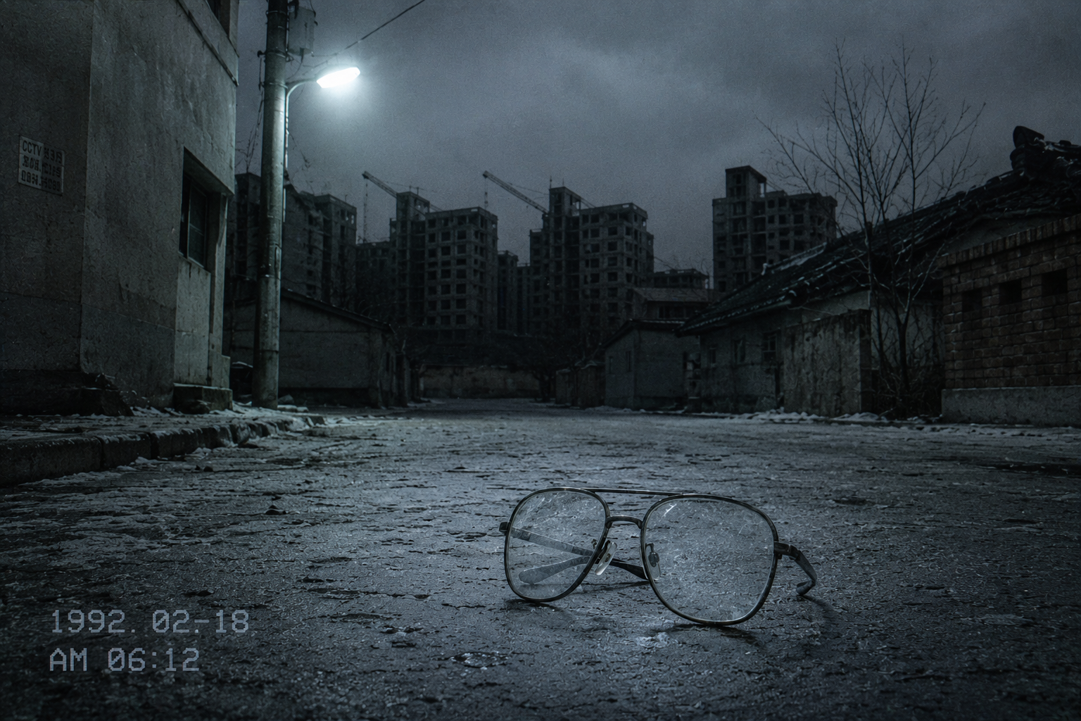 An abandoned pair of vintage eyeglasses on a cold, empty South Korean street at dawn, representing the 1992 Lee Byung-soon missing person case file.