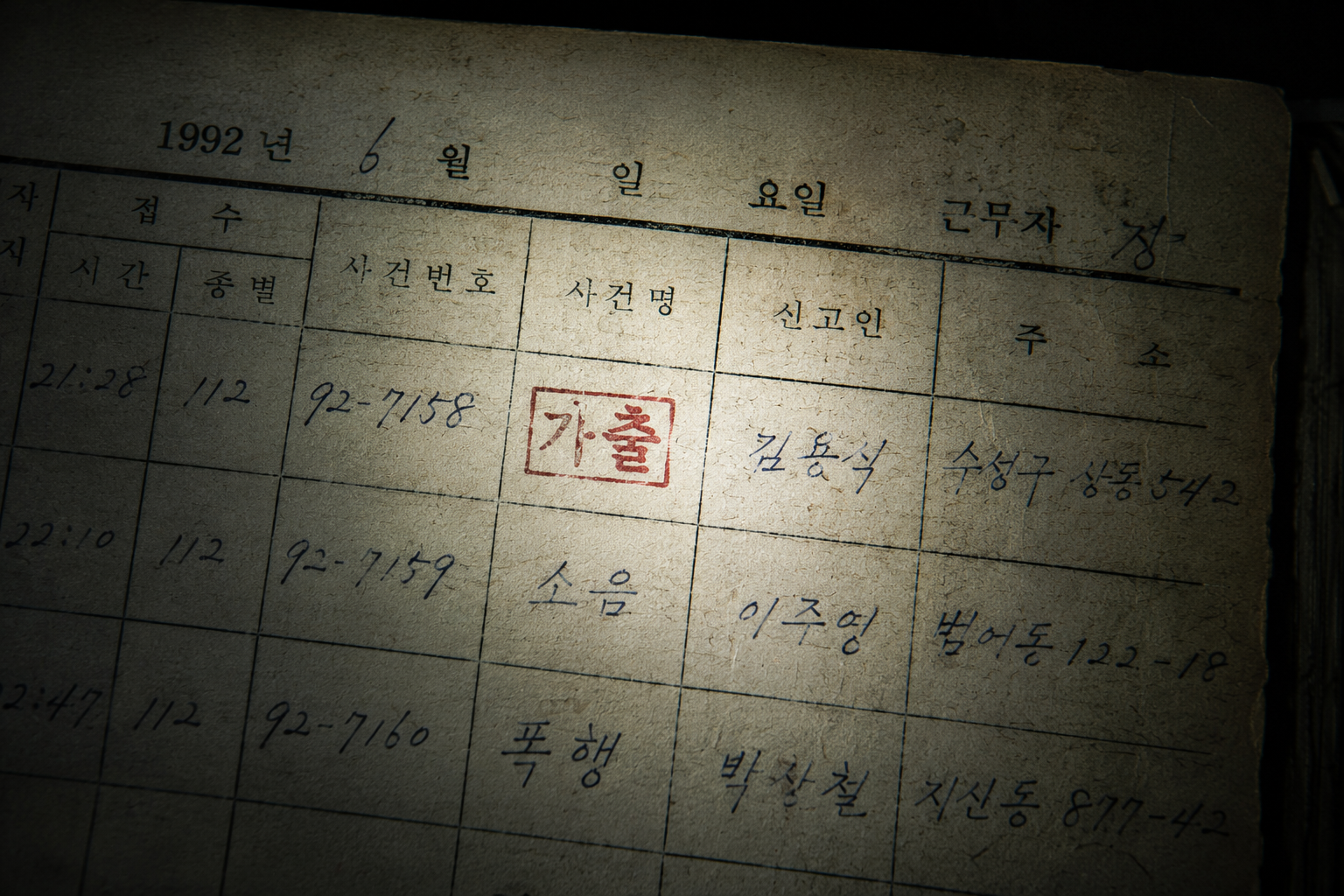 Macro close-up of a faded 1992 Korean police logbook document with a prominent administrative stamp, showing analog archival decay.