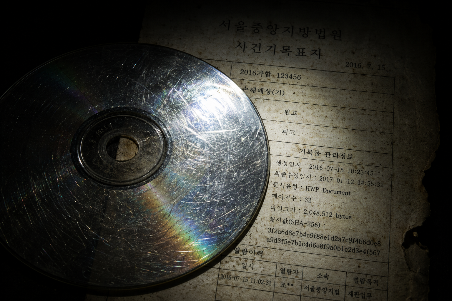 Macro detail shot of a heavily scratched compact disc laying on a faded archival document under direct flashlight exposure.